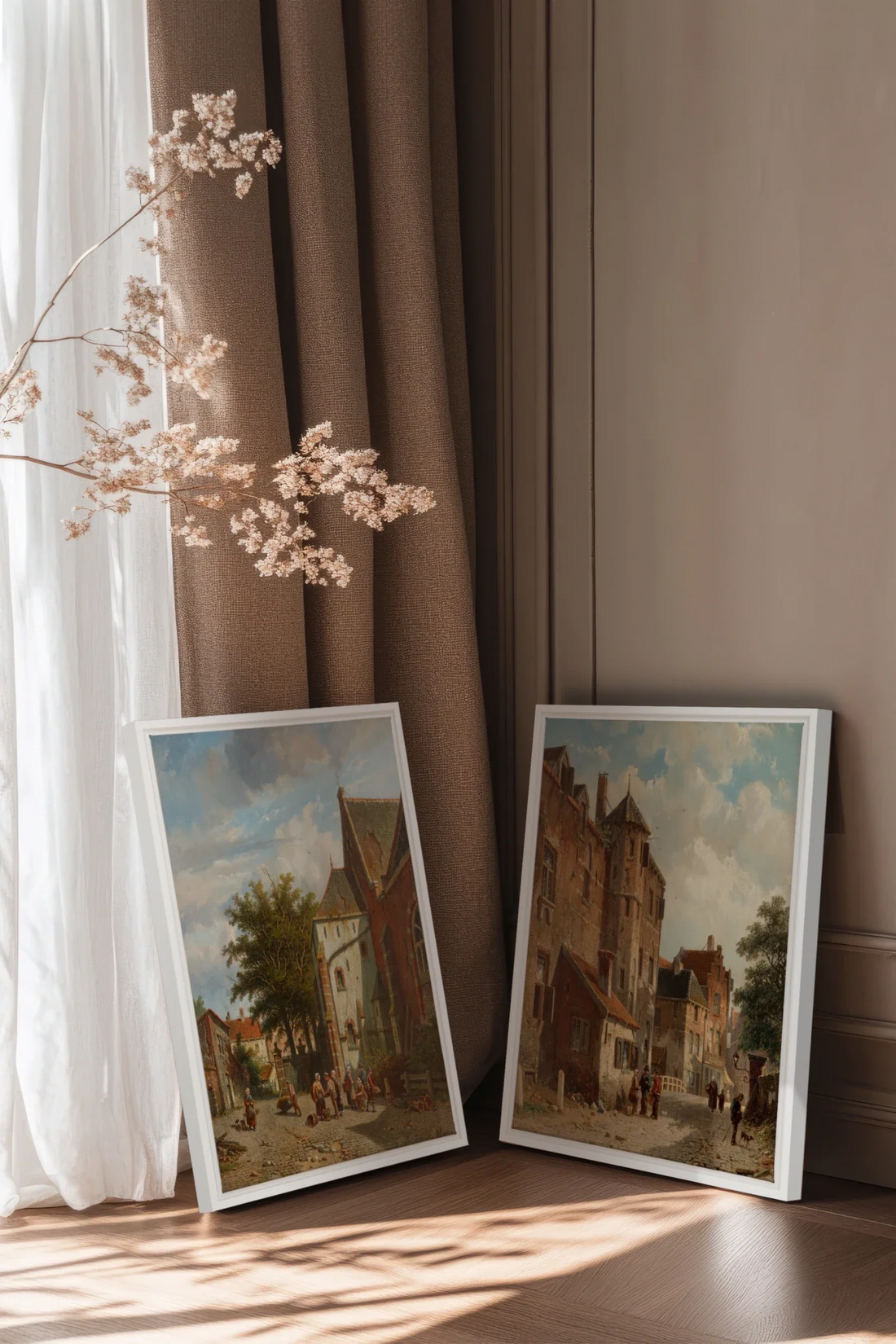 DUO LE VIEUX QUARTIER, 2 Oeuvres sur toile étirée, encadré Blanc