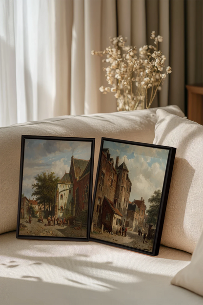 DUO LE VIEUX QUARTIER, 2 Oeuvres sur toile étirée, encadré Noir
