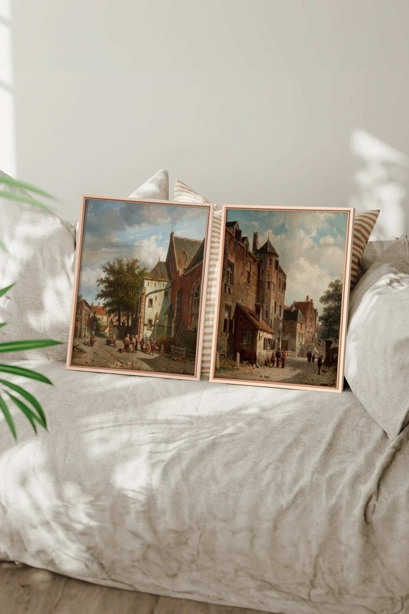 DUO LE VIEUX QUARTIER, 2 Oeuvres sur toile étirée, encadré Naturel Clair