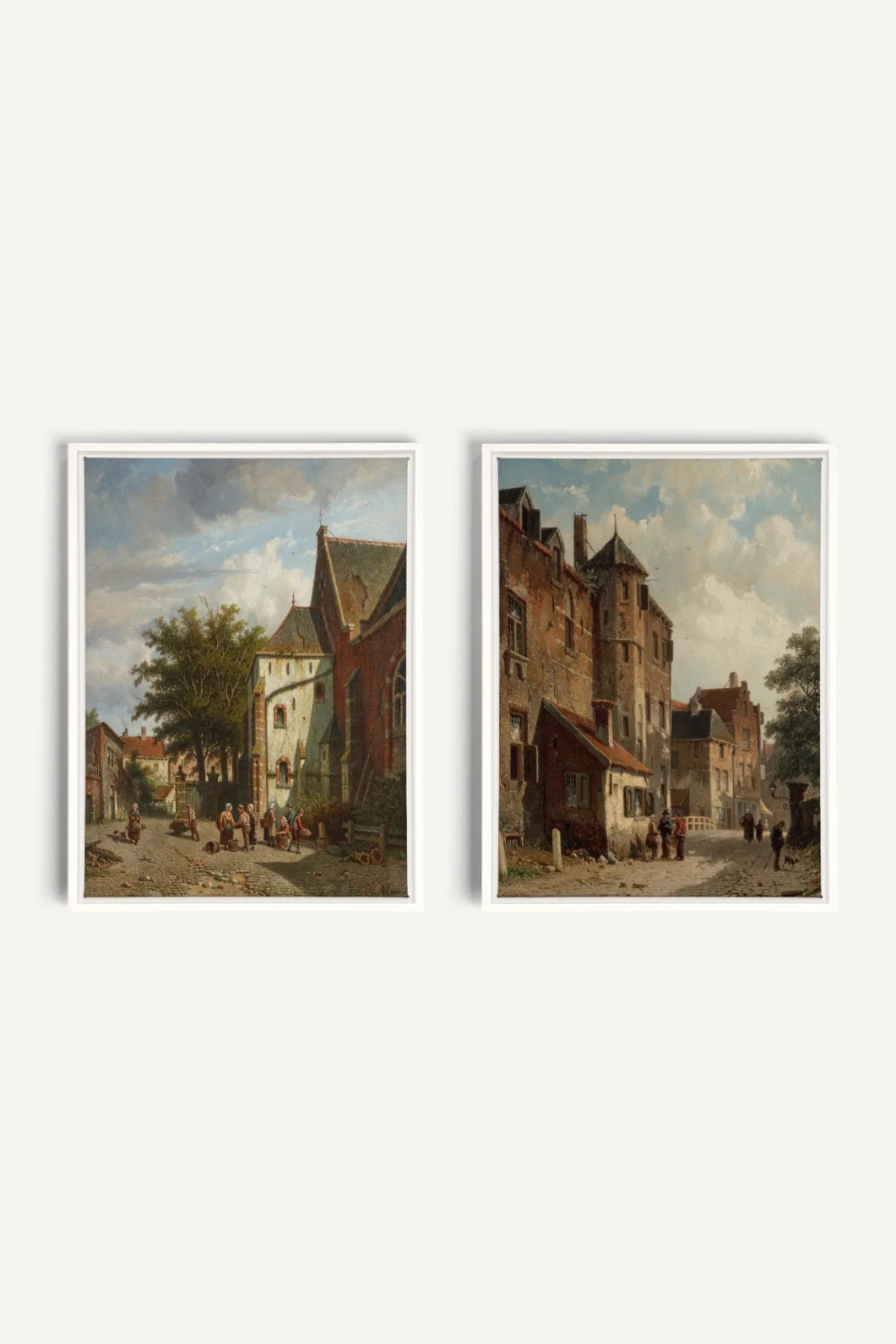 DUO LE VIEUX QUARTIER, 2 Oeuvres sur toile étirée, encadré Blanc