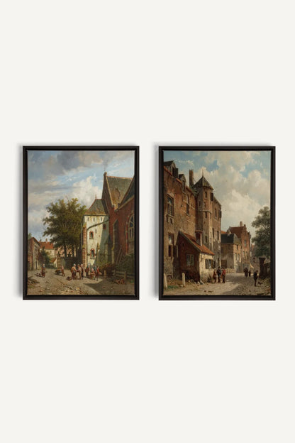 DUO LE VIEUX QUARTIER, 2 Oeuvres sur toile étirée, encadré Noir