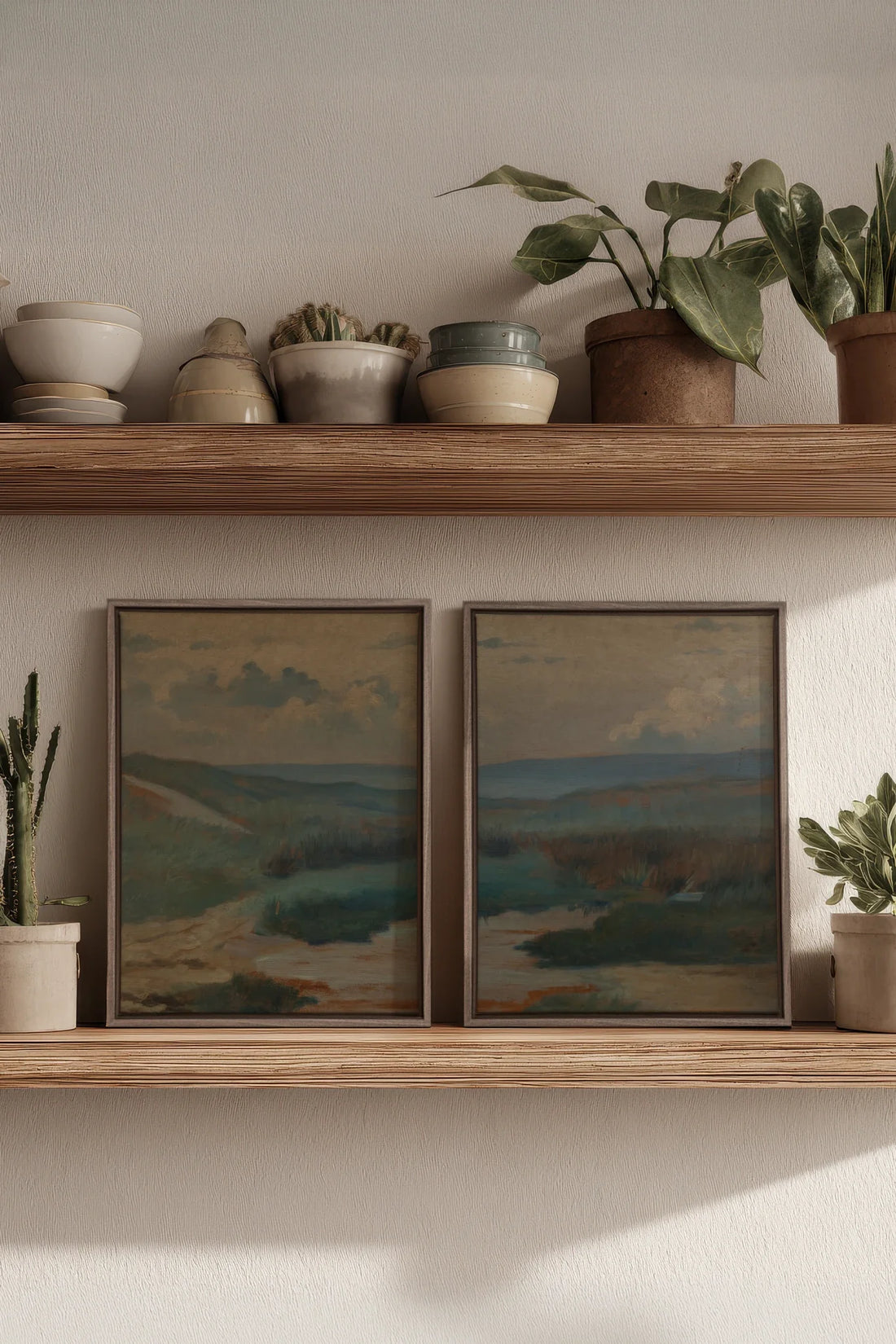 DUO RIVES DE SABLE, 2 Oeuvres sur toile étirée, encadré Brun Chêne