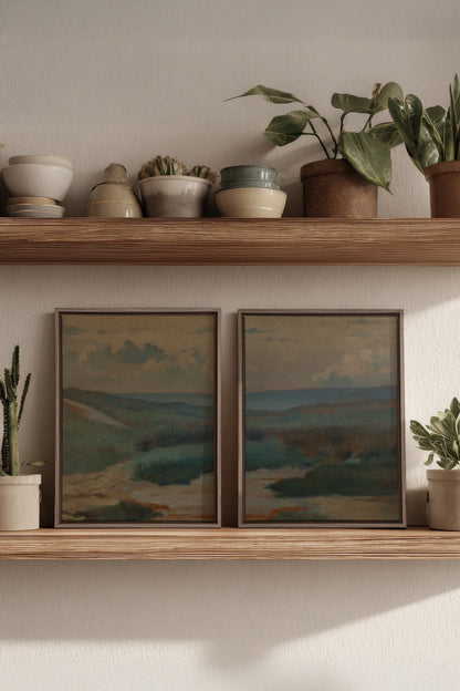 DUO RIVES DE SABLE, 2 Oeuvres sur toile étirée, encadré Brun Chêne
