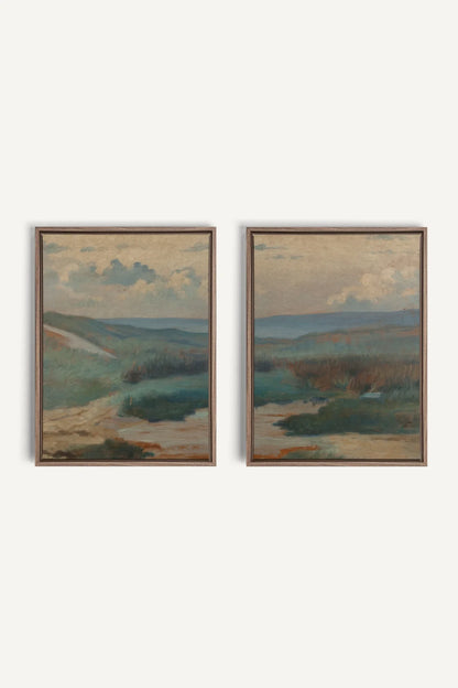 DUO RIVES DE SABLE, 2 Oeuvres sur toile étirée, encadré Brun Chêne