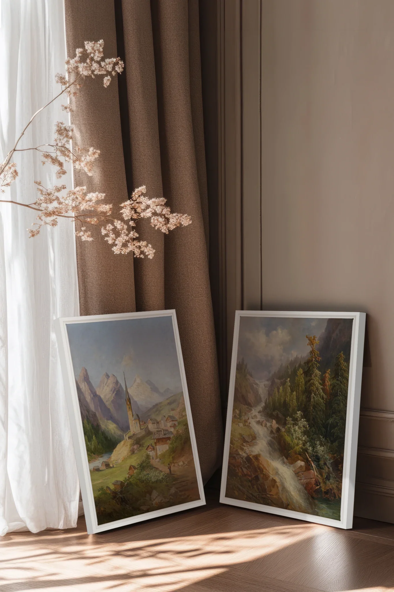 DUO SOURCE SAUVAGE, 2 Oeuvres sur toile étirée, encadré Blanc