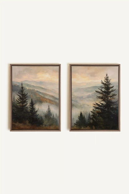 ECHOES IN THE MIST DUO, 2 Works on stretched canvas, framed Oak Brown