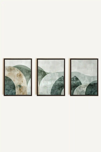 GREEN ELEGANCE TRIO, 3 Oeuvres sur toile étirée, encadré Brun Noyer