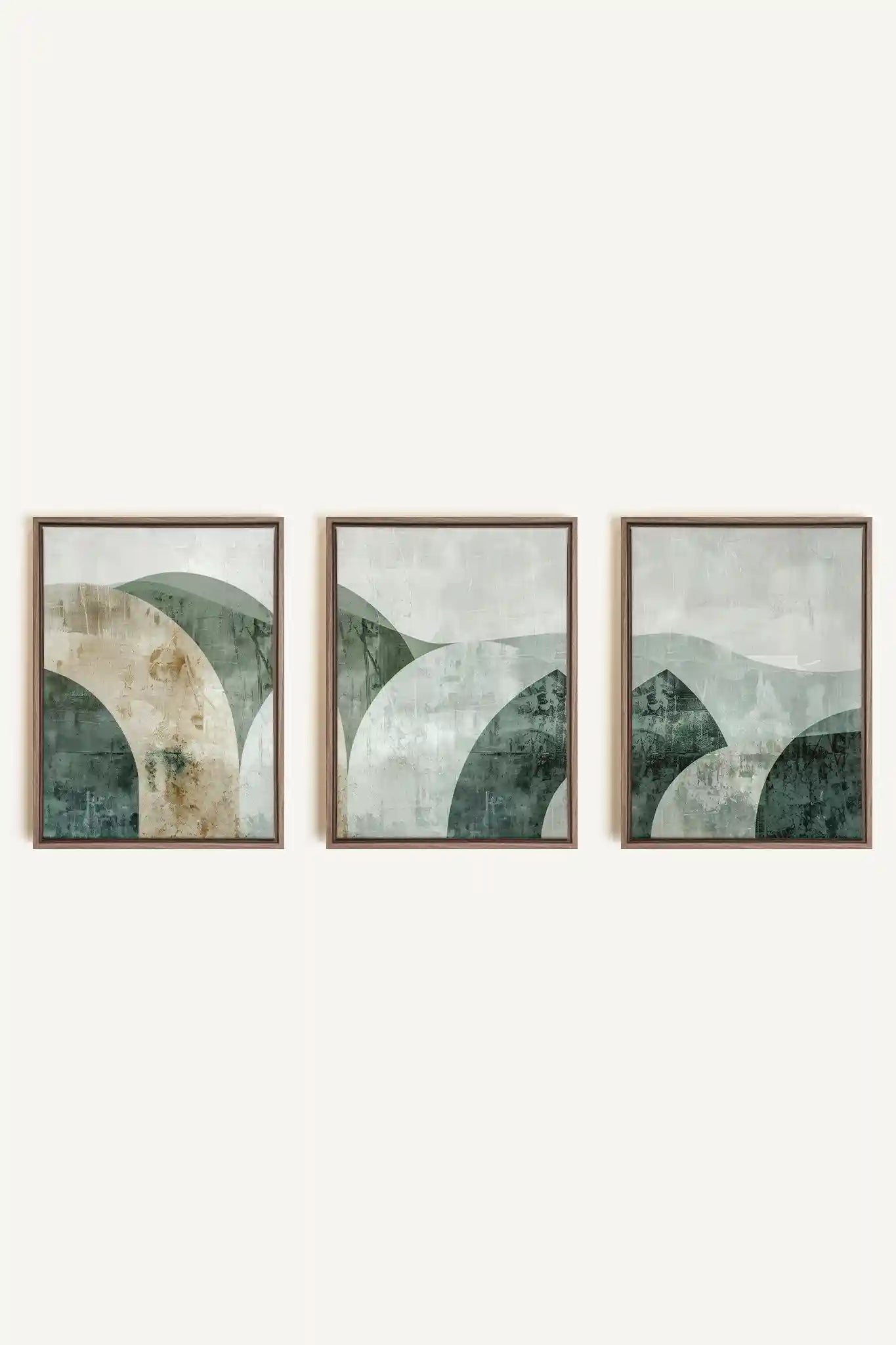 GREEN ELEGANCE TRIO, 3 Works on stretched canvas, framed in Brown Oak
