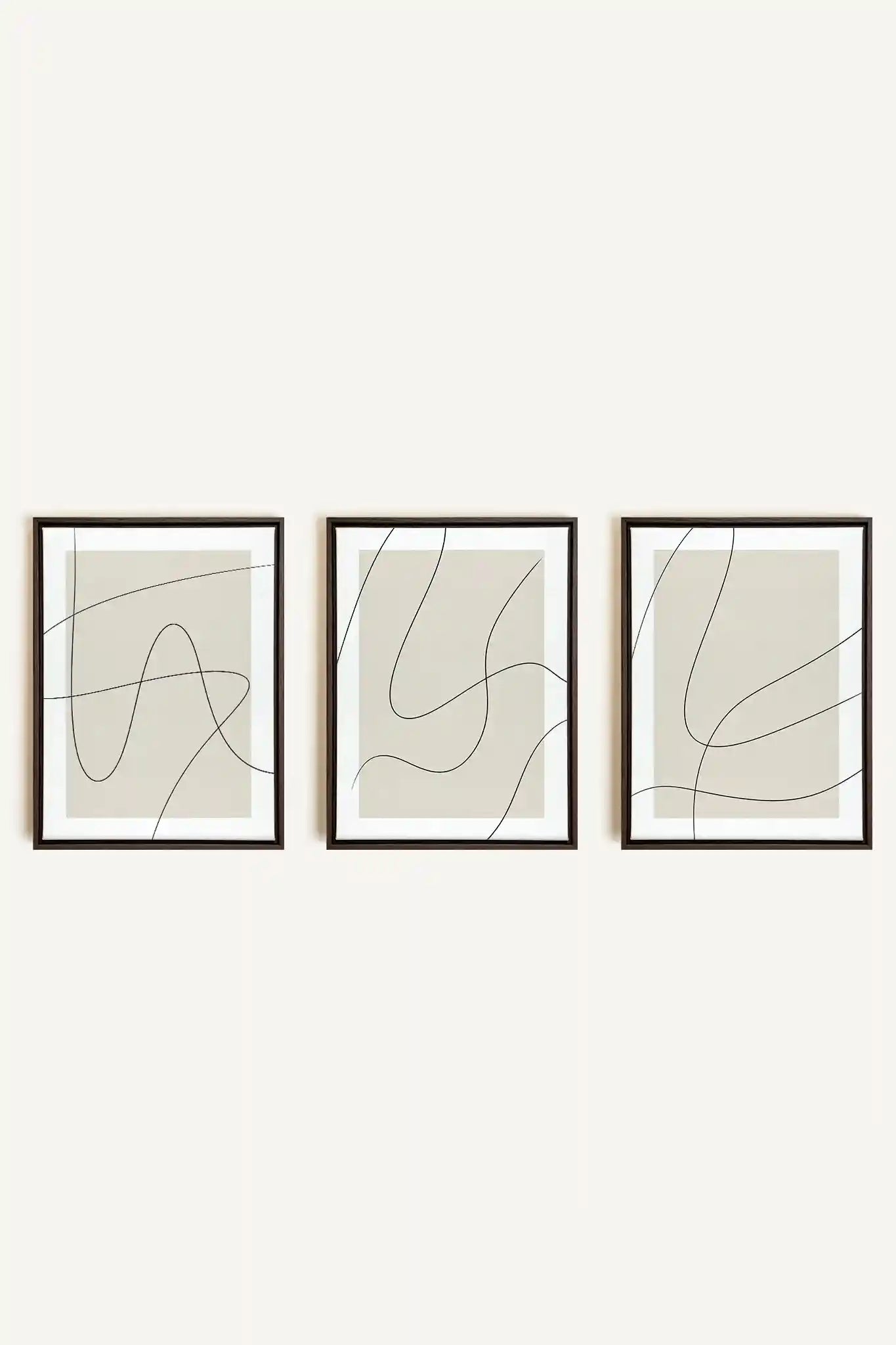 ELEGANT CURVES TRIO, 3 Artworks on stretched canvas, framed in Walnut Brown