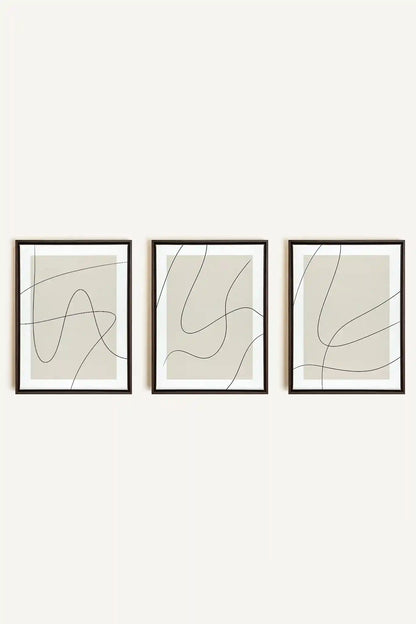 ELEGANT CURVES TRIO, 3 Artworks on stretched canvas, framed in Walnut Brown