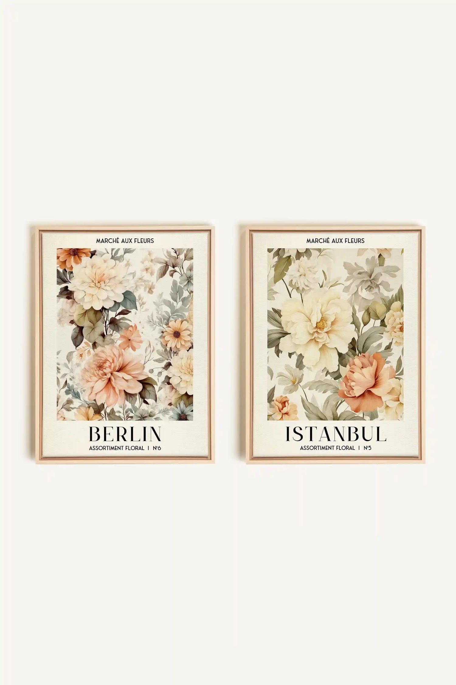 DUO ASSORTIMENT FLORAL, 2 Oeuvres sur toile étirée, encadré Naturel Clair
