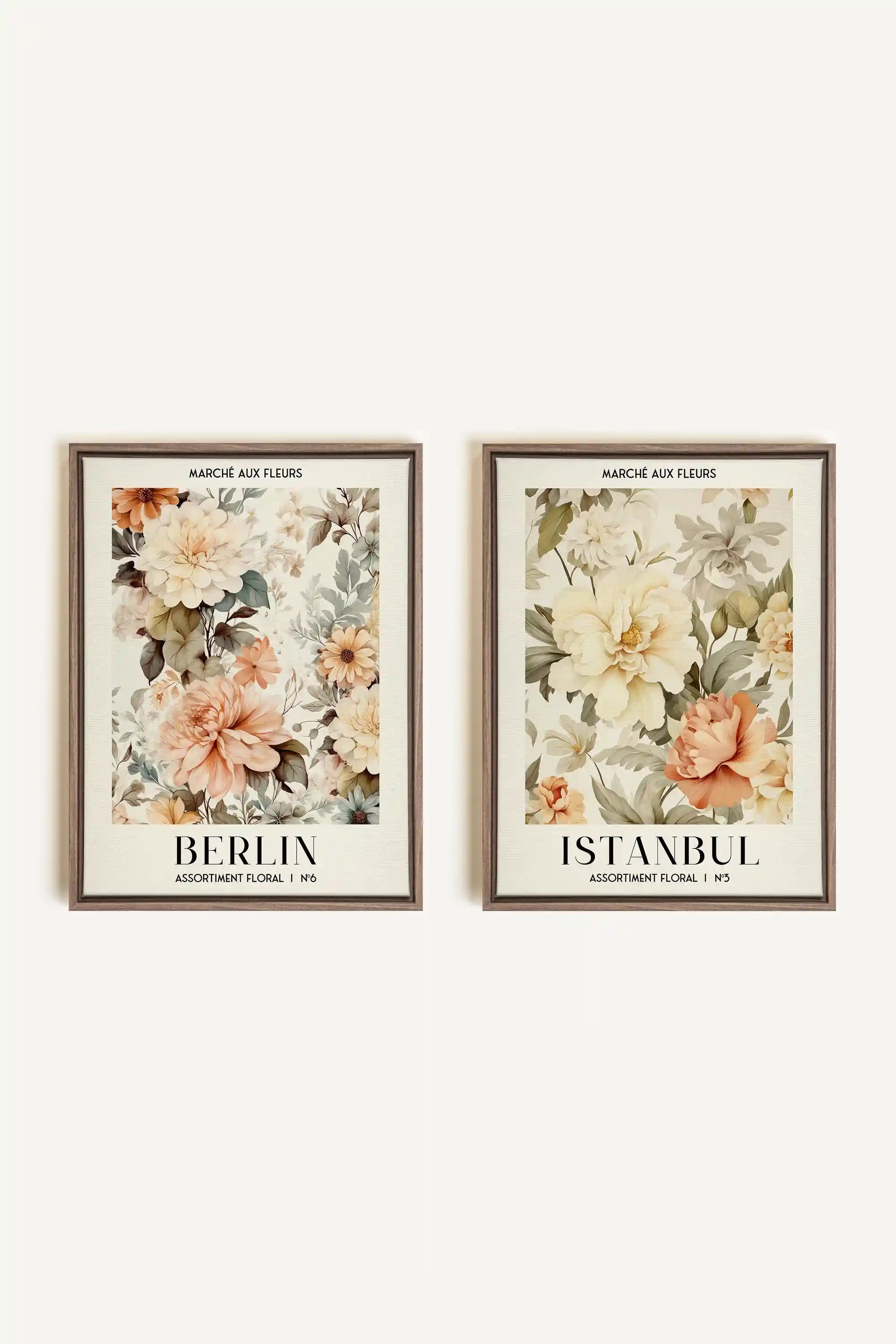 DUO ASSORTIMENT FLORAL, 2 Works on stretched canvas, framed Oak Brown