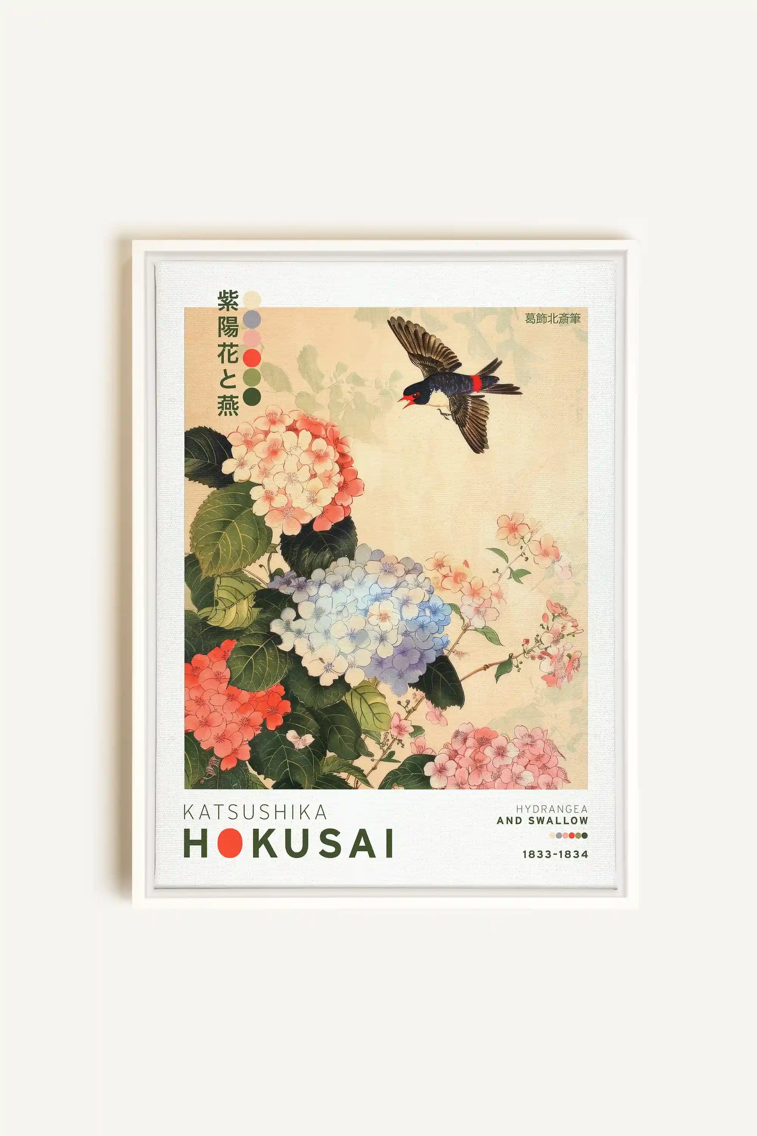 HYDRANGEA AND SWALLOW, Oeuvre sur toile étirée, encadré Blanc