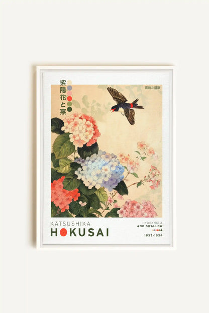 HYDRANGEA AND SWALLOW, Oeuvre sur toile étirée, encadré Blanc