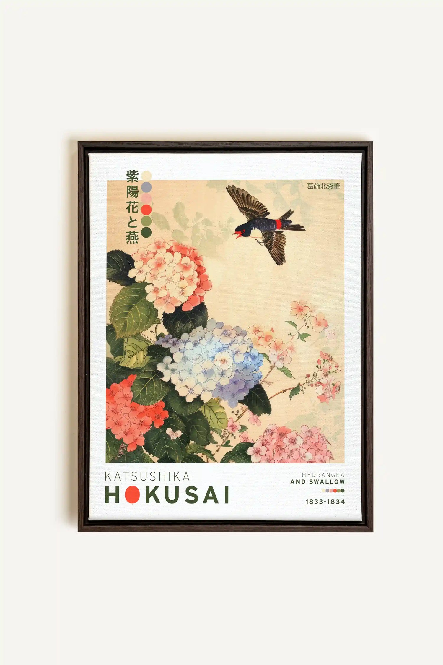 HYDRANGEA AND SWALLOW, Artwork on stretched canvas, framed in Walnut Brown