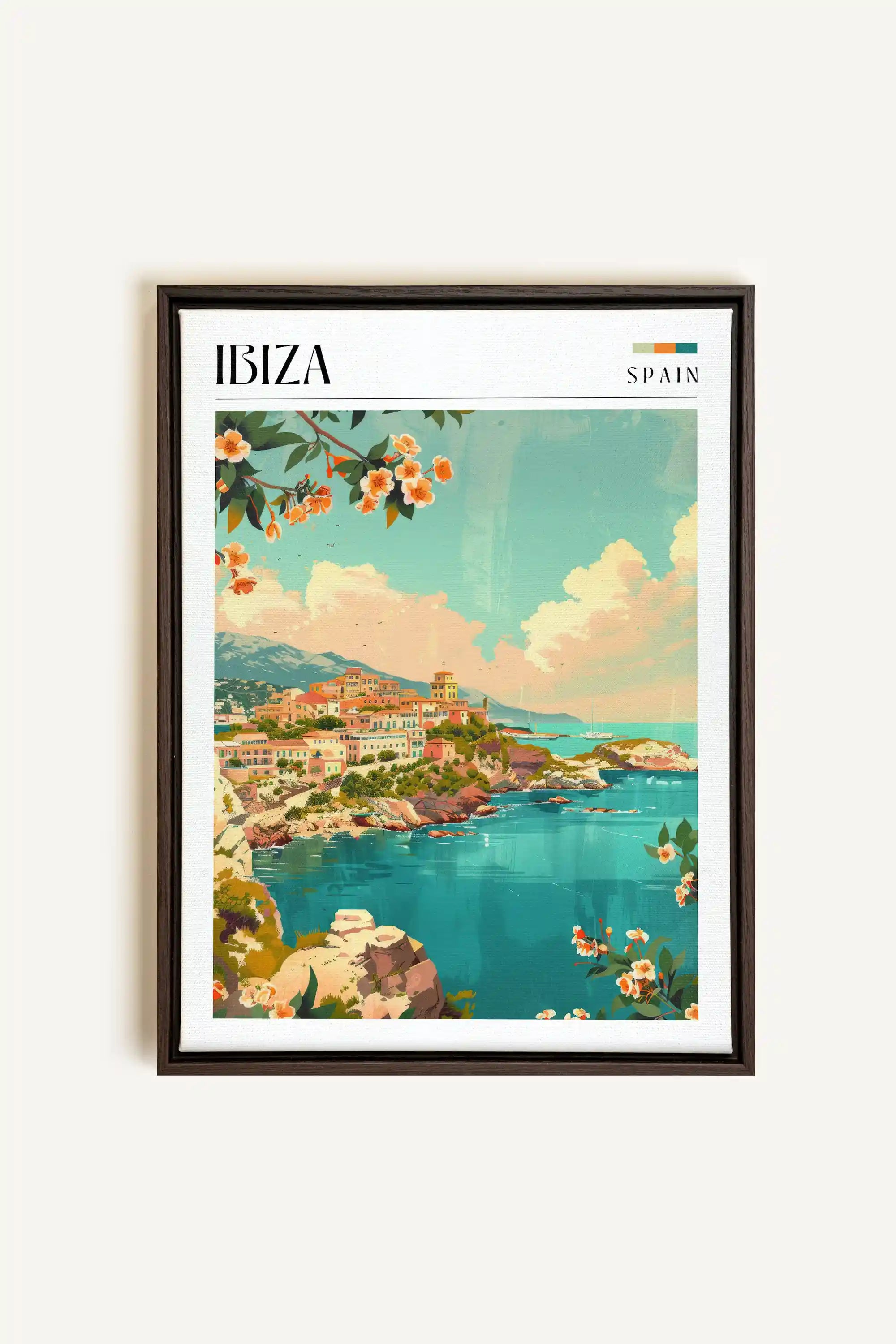 Ibiza, Artwork on stretched canvas, framed in Walnut Brown