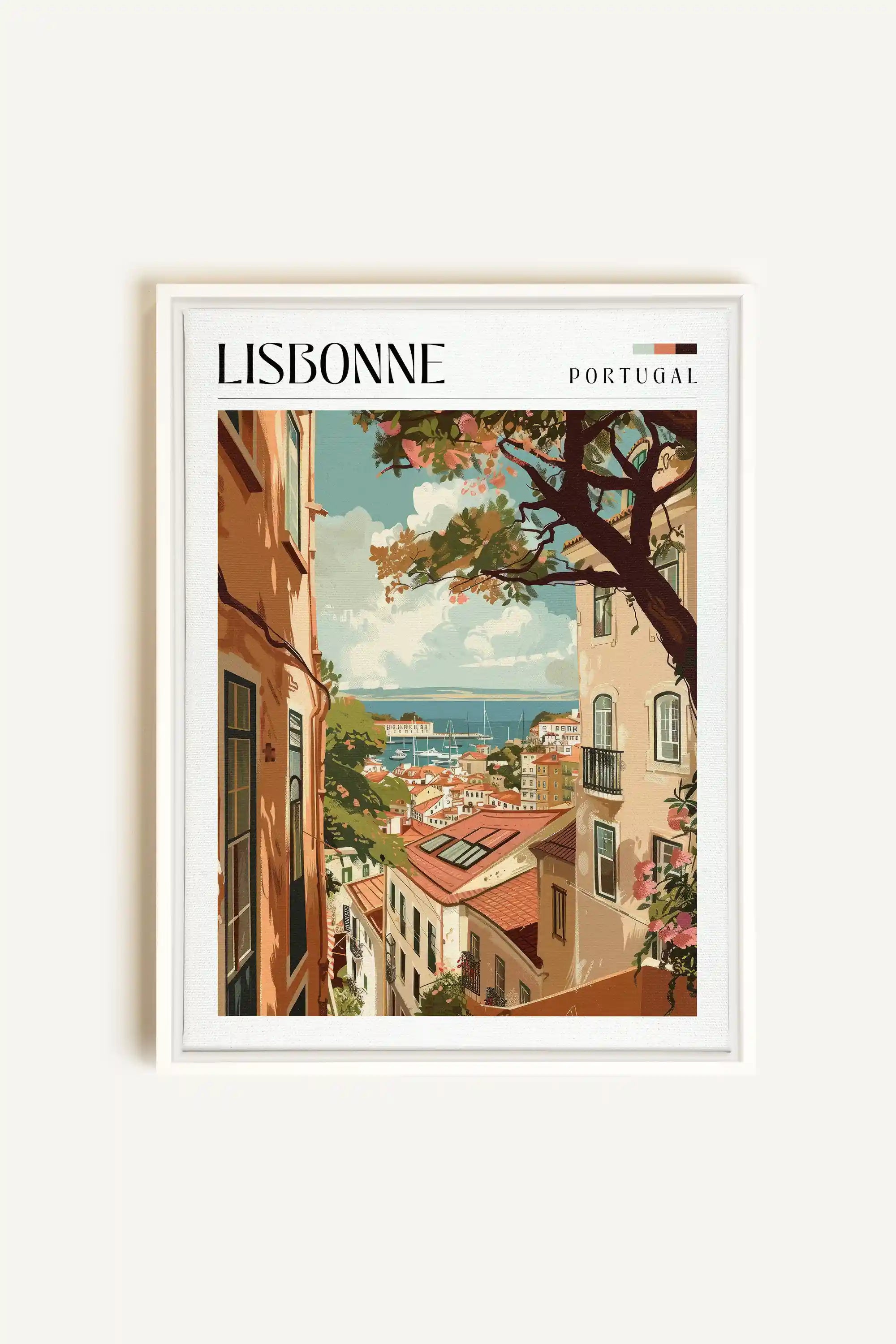 Lisbonne, Artwork on stretched canvas, framed in white