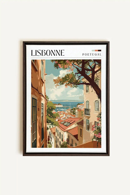 Lisbonne, Artwork on stretched canvas, framed in Walnut Brown