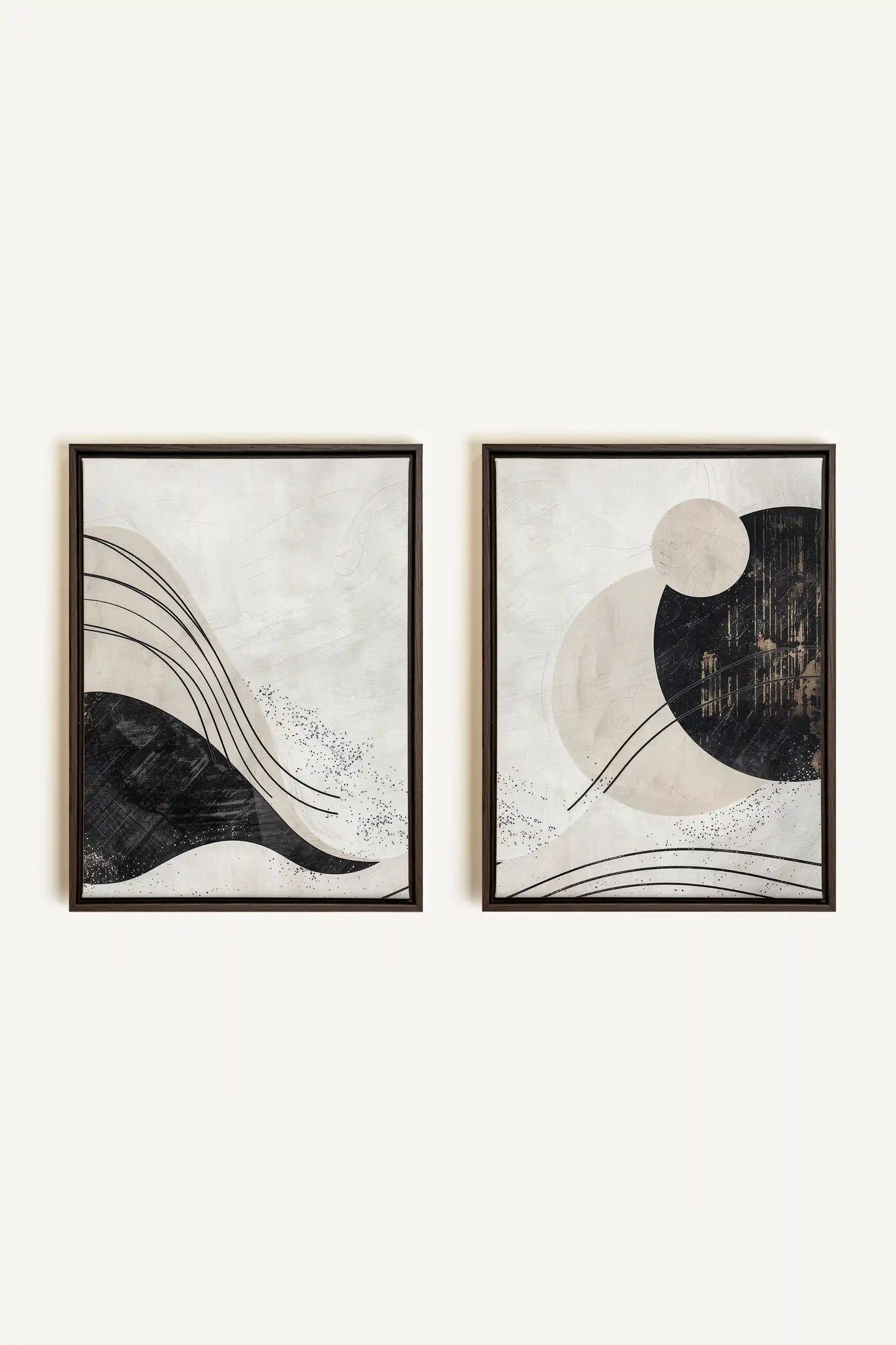 MINIMALIST UNIVERSE DUO, 2 Works on stretched canvas, framed in Walnut Brown