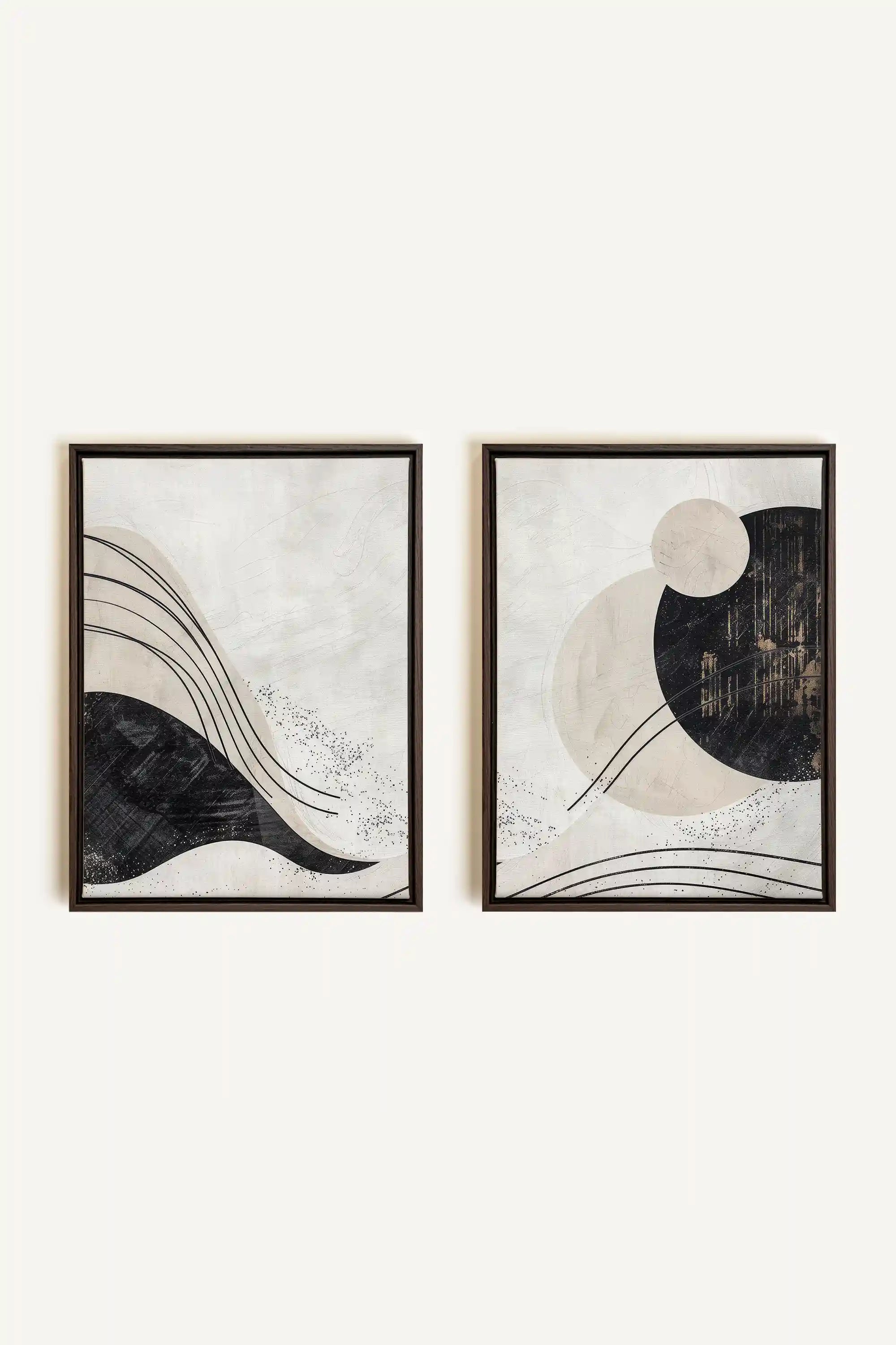 MINIMALIST UNIVERSE DUO, 2 Works on stretched canvas, framed in Walnut Brown