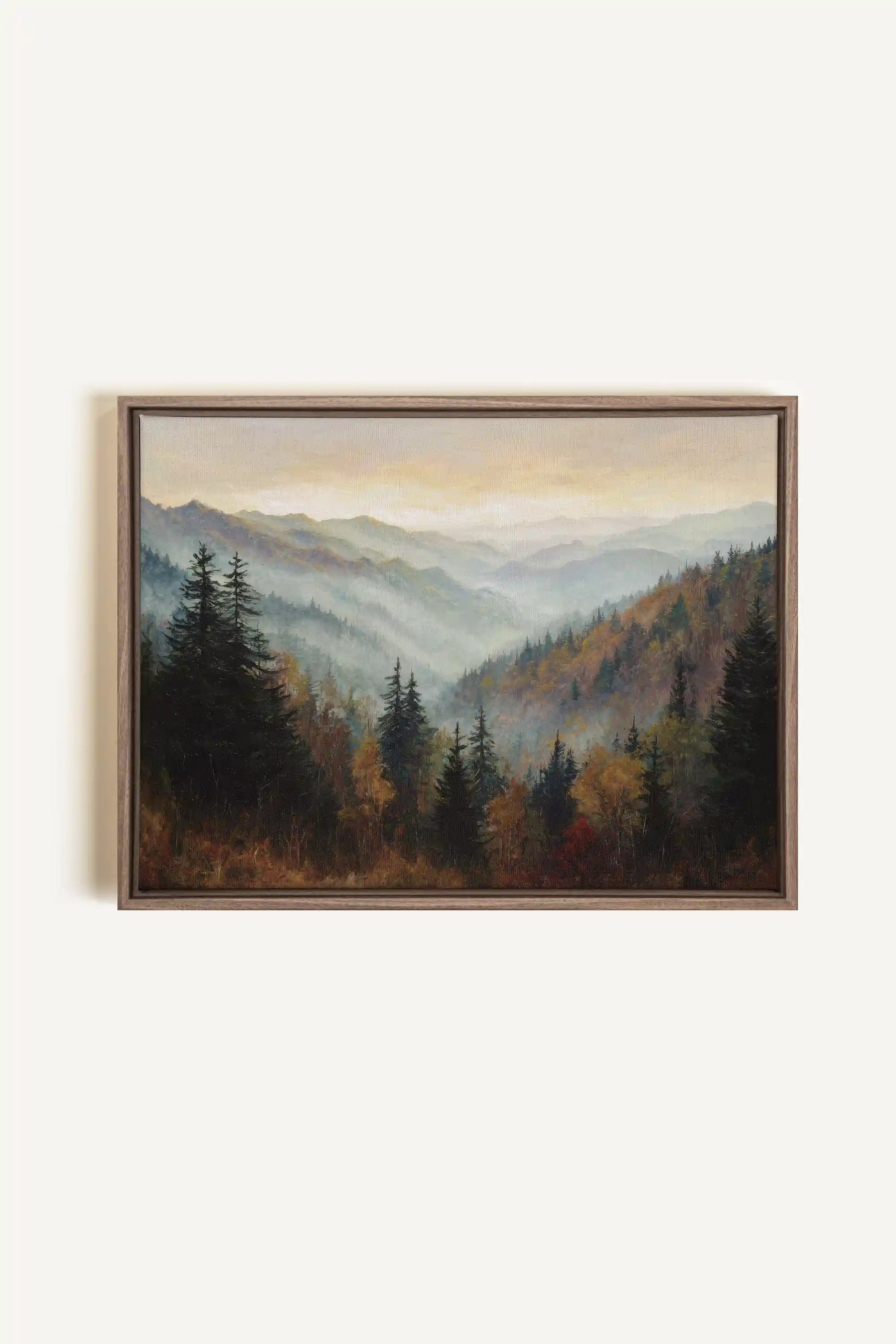 MOUNTAIN MORNING II, Oeuvre sur toile étirée, encadré Brun Chêne