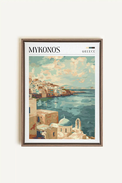 Mykonos, Artwork on stretched canvas, framed in Brown Oak