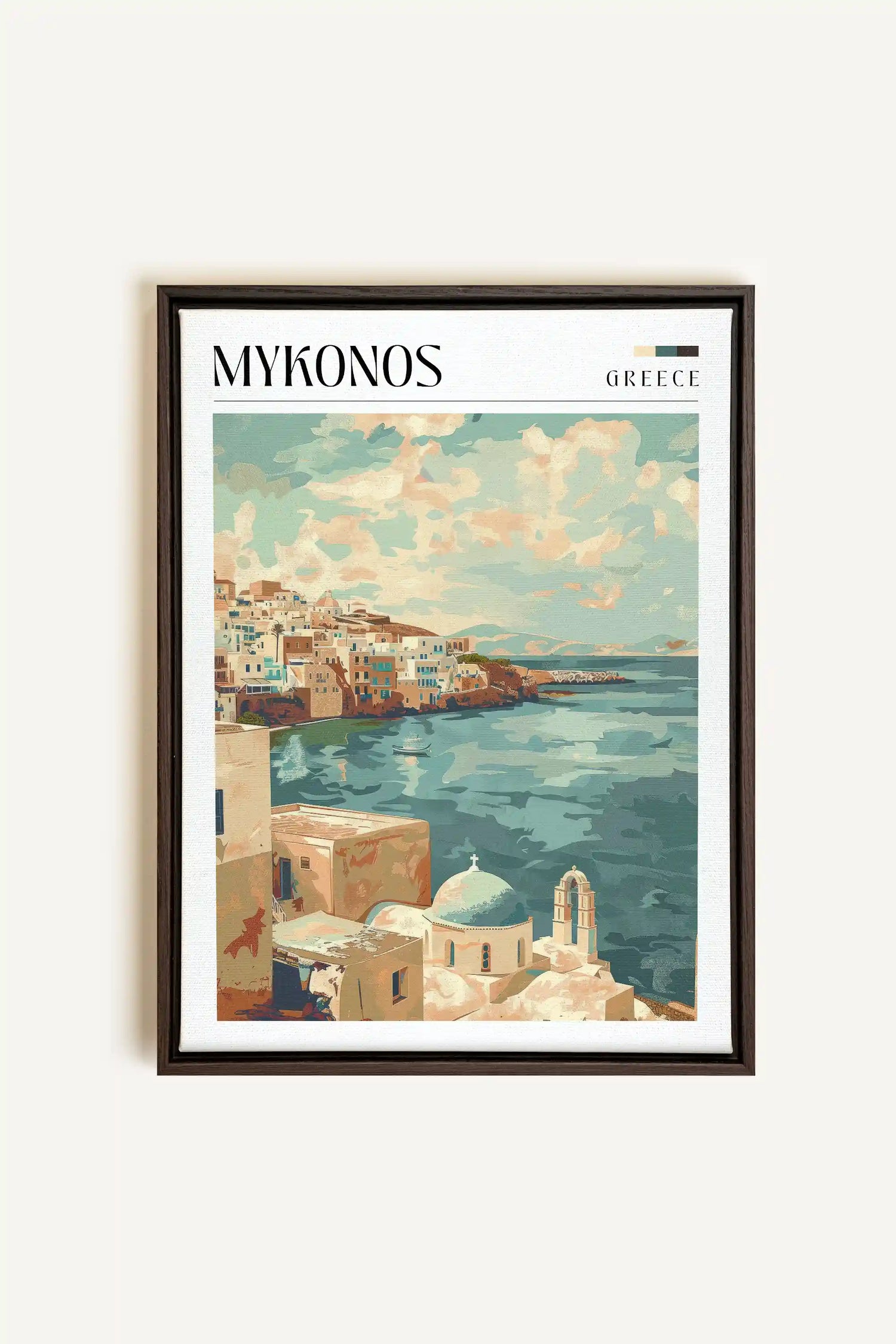 Mykonos, Artwork on stretched canvas, framed in Walnut Brown