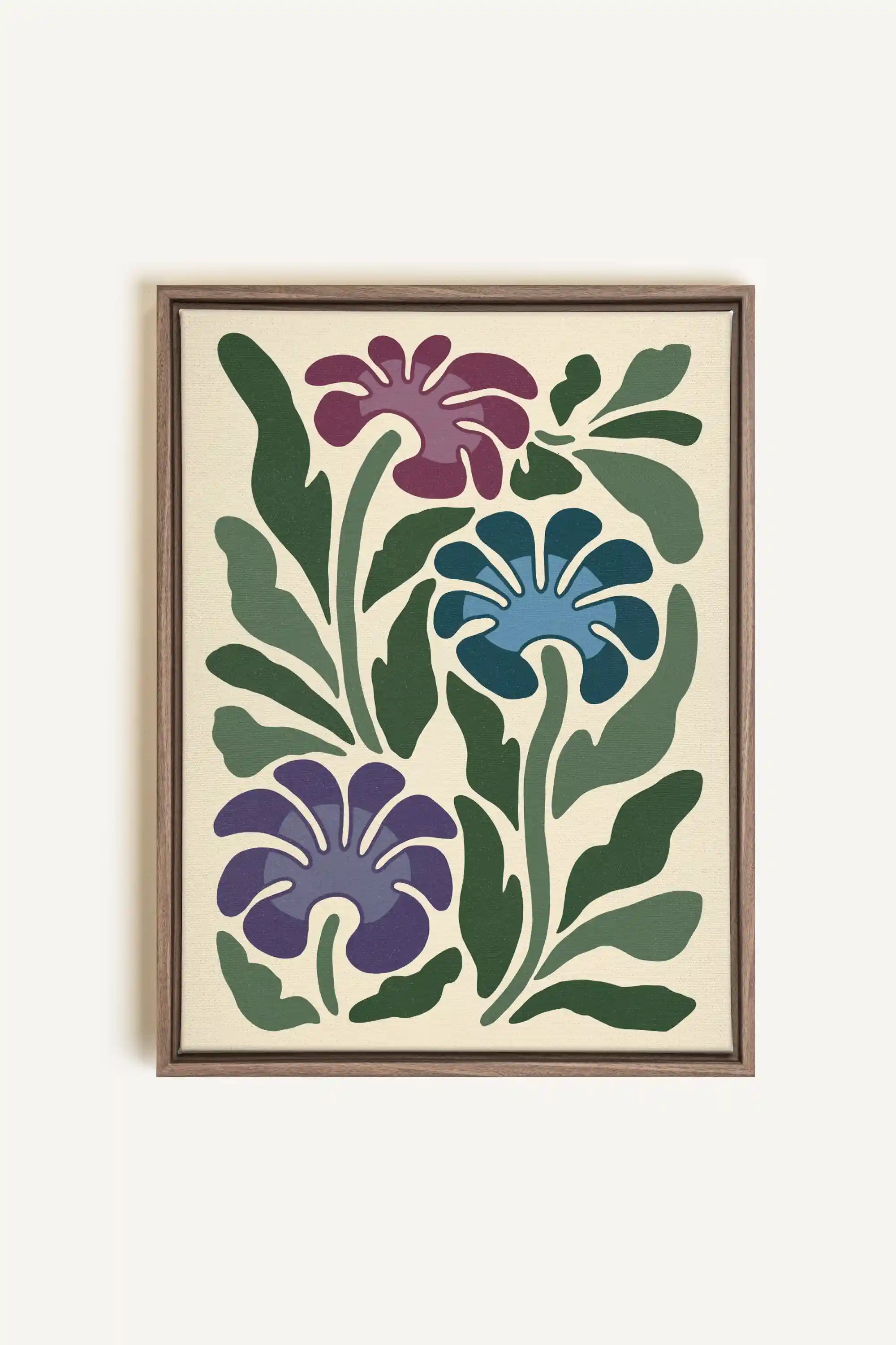 MYSTIC AZURE BLOOMS, Artwork on stretched canvas, framed in Brown Oak