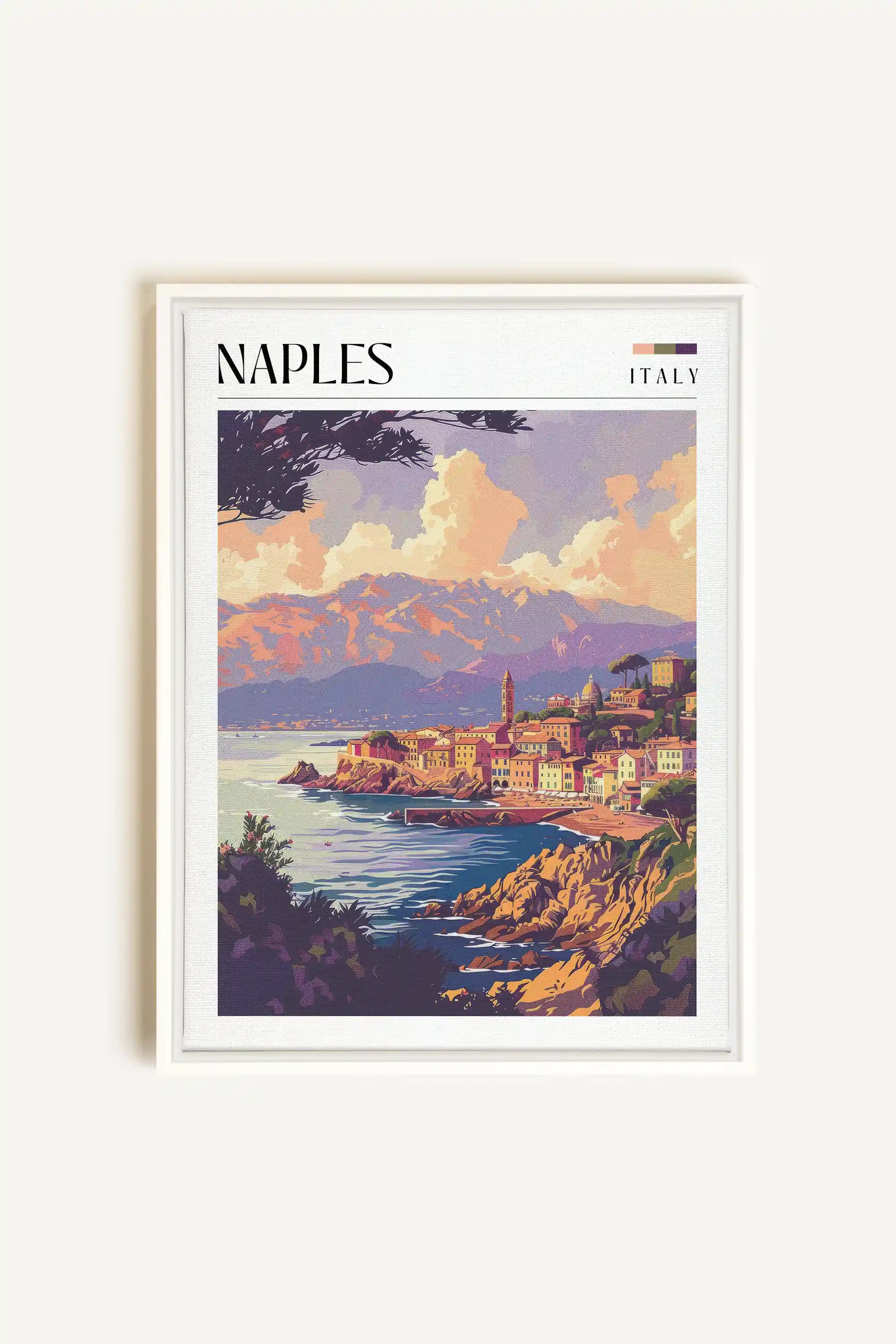 Naples, Artwork on stretched canvas, framed in white