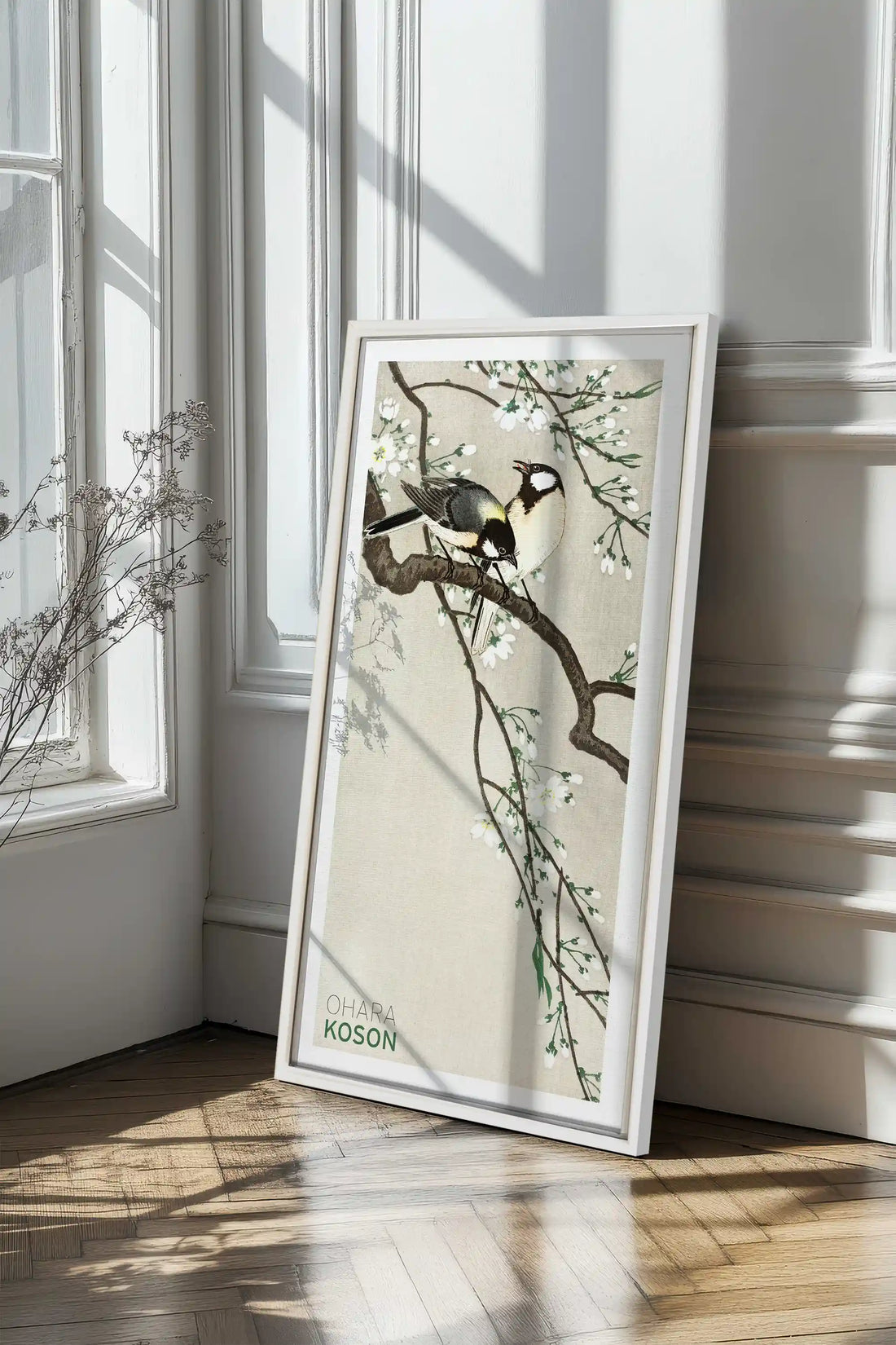 PARIDÉS SUR BRANCHE DE CERISIERS, Oeuvre sur toile étirée, encadré Blanc