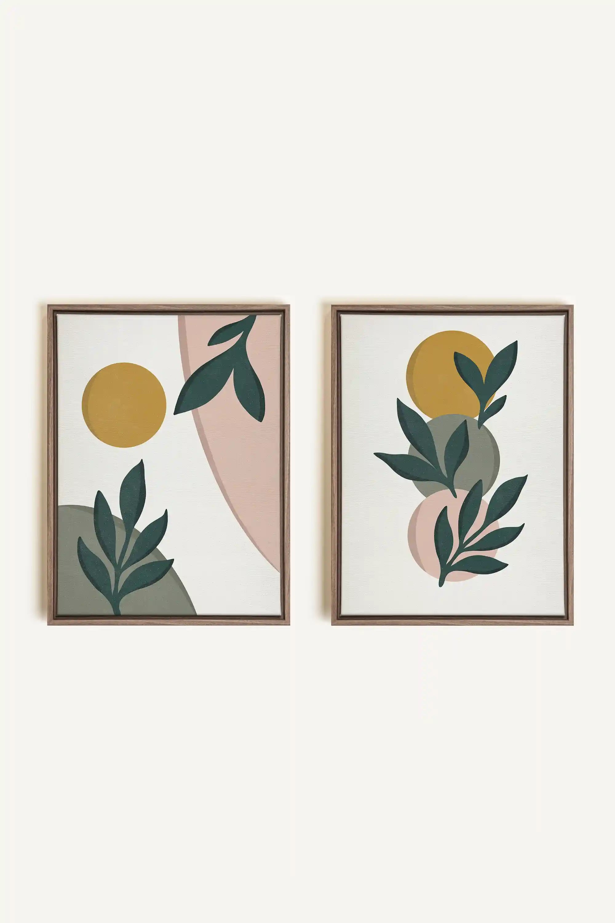 RADIANT FLORA DUO, 2 Oeuvres sur toile étirée, encadré Brun Chêne