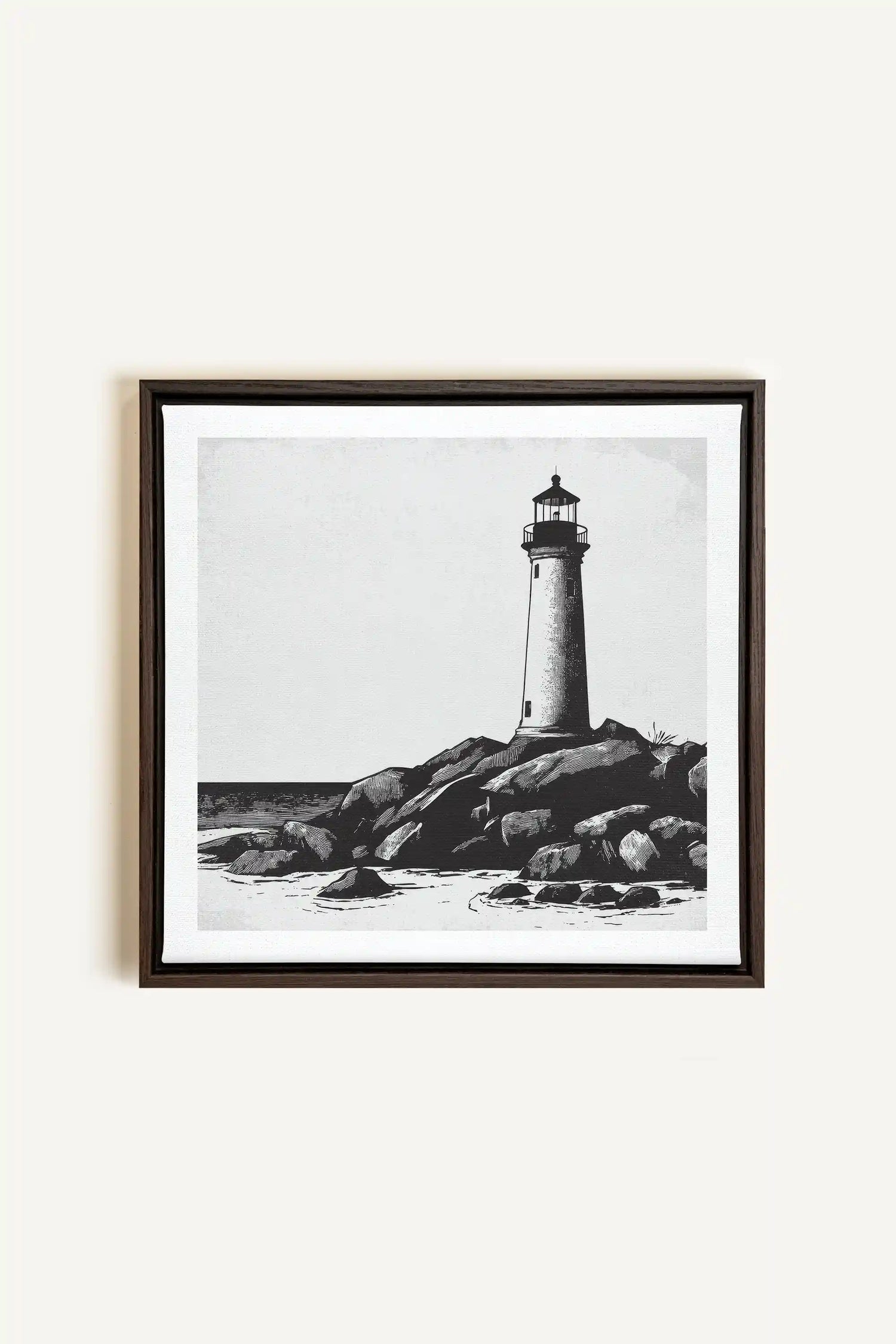 ROCKY SHORE LIGHT, Artwork on stretched canvas, framed in Walnut Brown