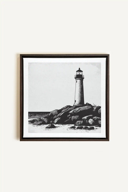 ROCKY SHORE LIGHT, Artwork on stretched canvas, framed in Walnut Brown