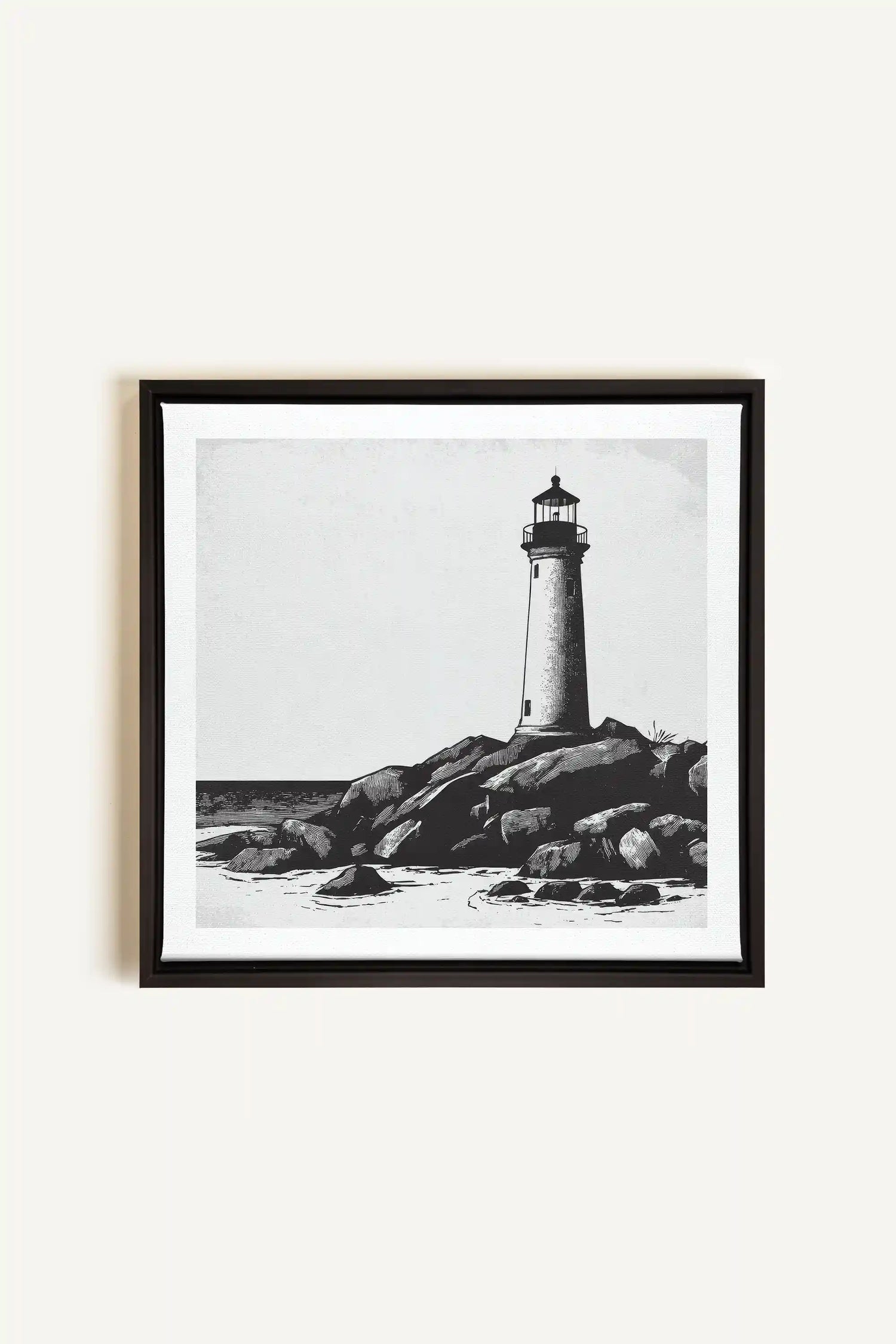 ROCKY SHORE LIGHT, Artwork on stretched canvas, framed in black