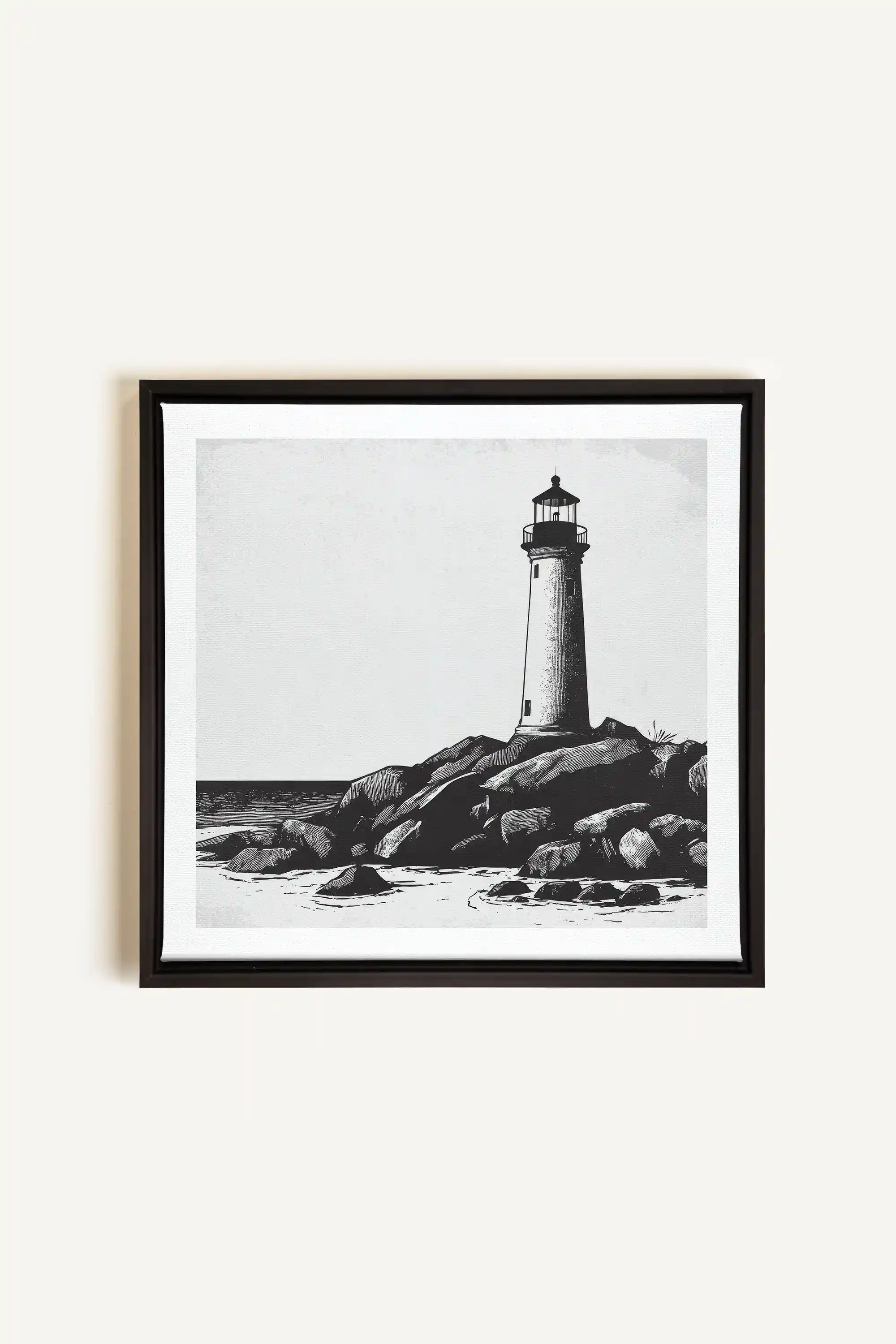ROCKY SHORE LIGHT, Artwork on stretched canvas, framed in black