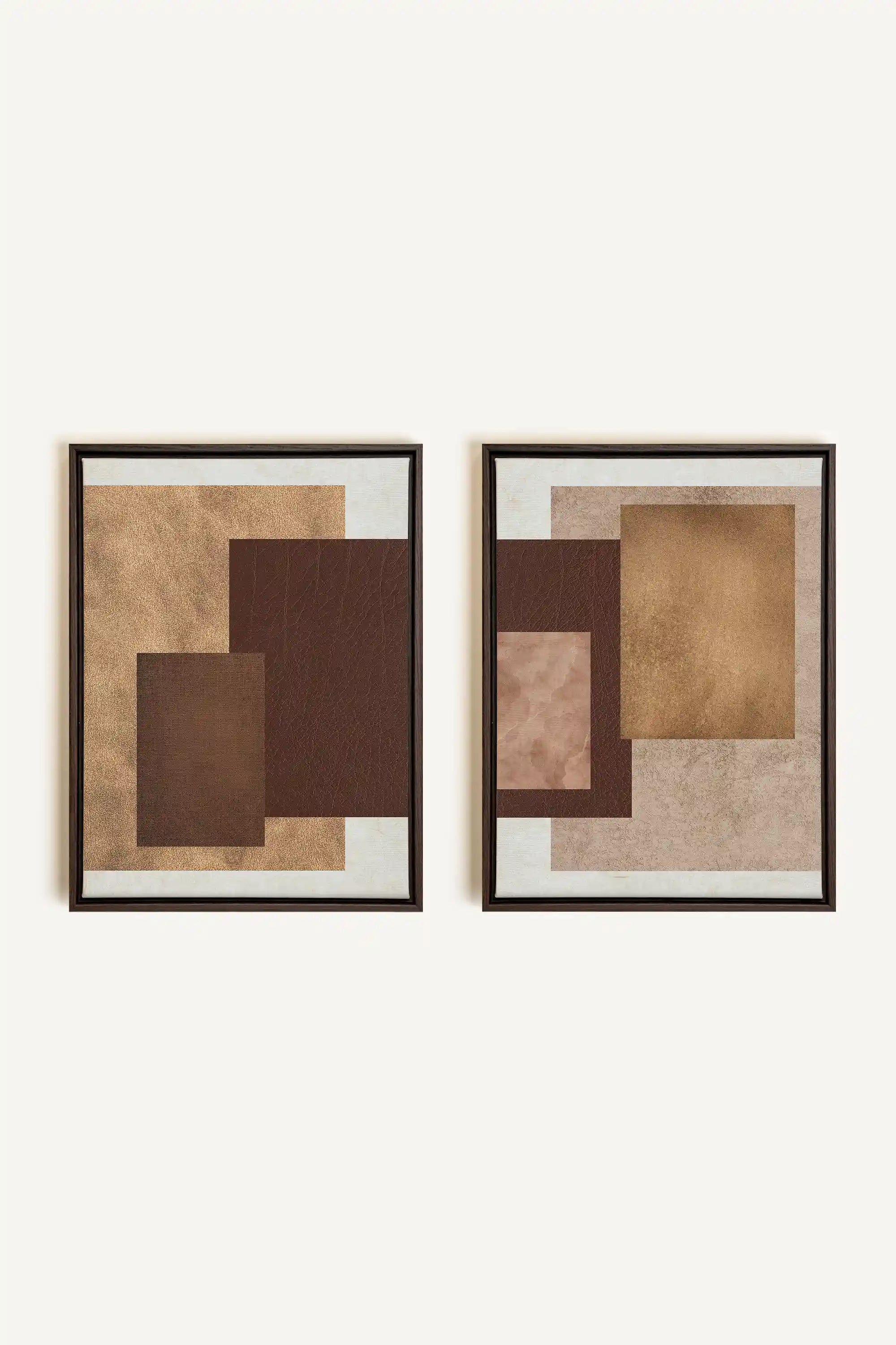 RUST &amp; LEATHER DUO, 2 Works on stretched canvas, framed in Walnut Brown