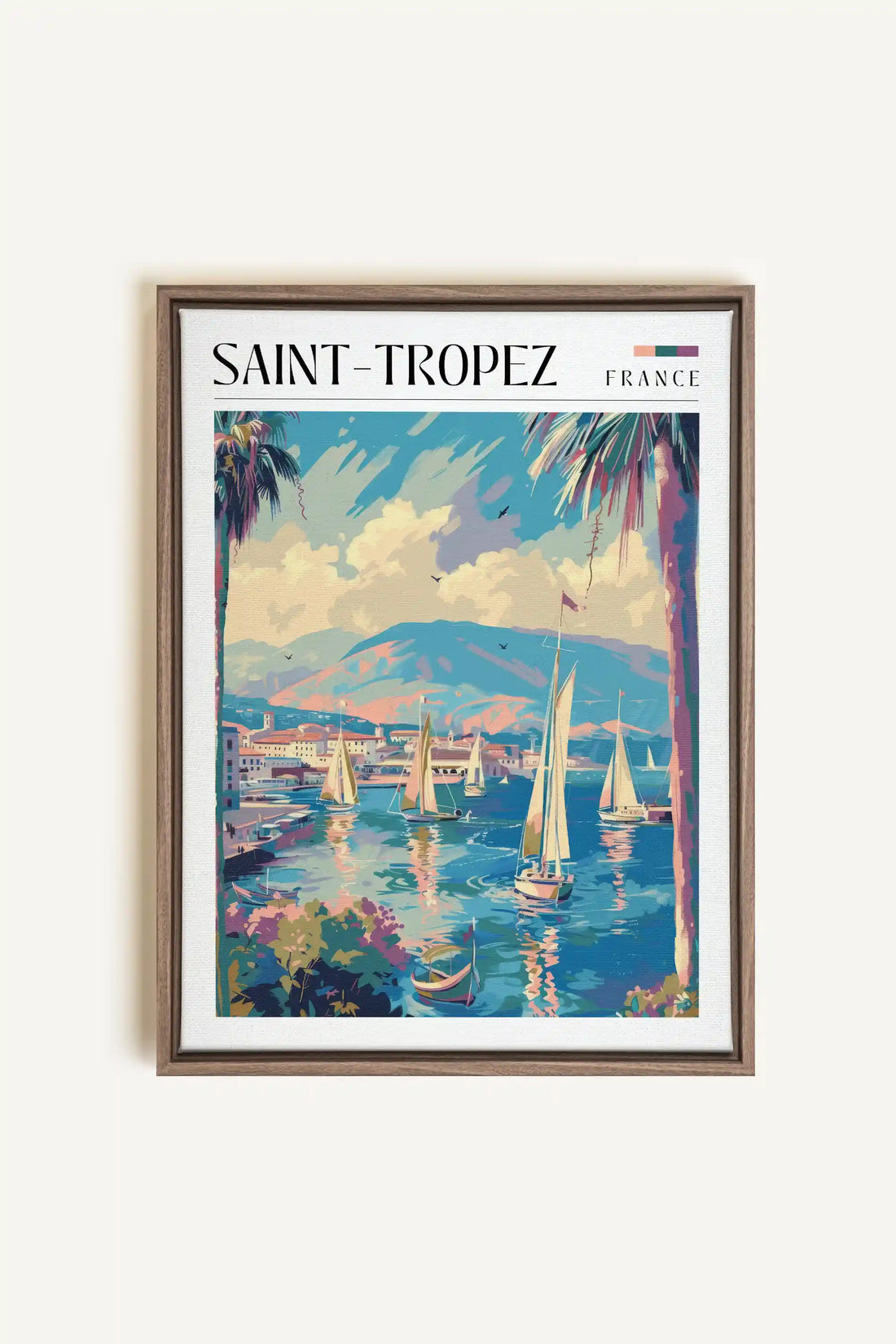 Saint-Tropez, Oeuvre sur toile étirée, encadré Brun Chêne