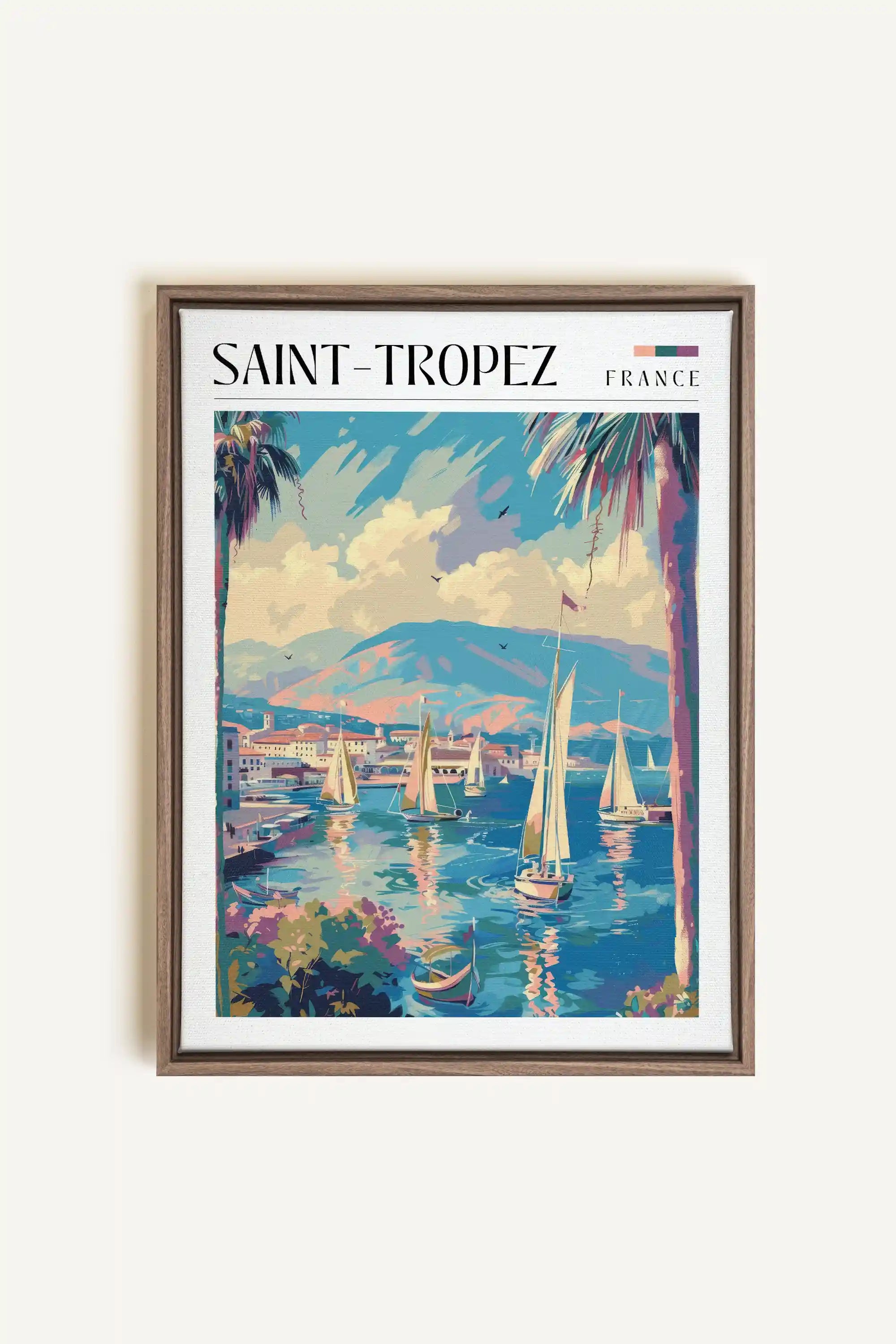 Saint-Tropez, Oeuvre sur toile étirée, encadré Brun Chêne