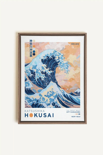 THE GREAT WAVE, Oeuvre sur toile étirée, encadré Brun Chêne
