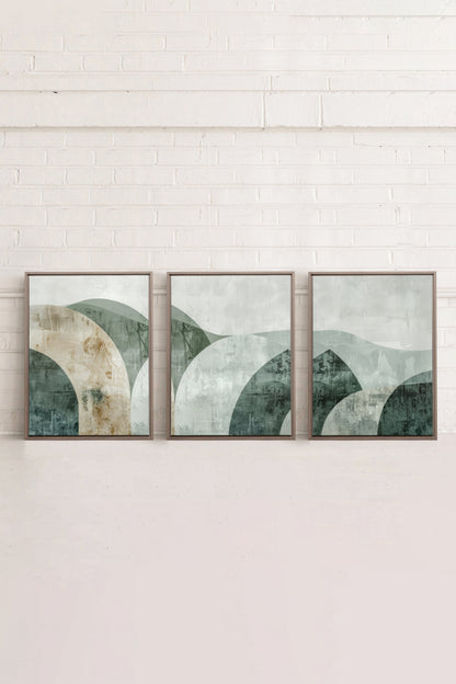 OLEKA CANVAS - GREEN ELEGANCE TRIO, 3 Oeuvres sur toile étirée, encadré Brun Chêne