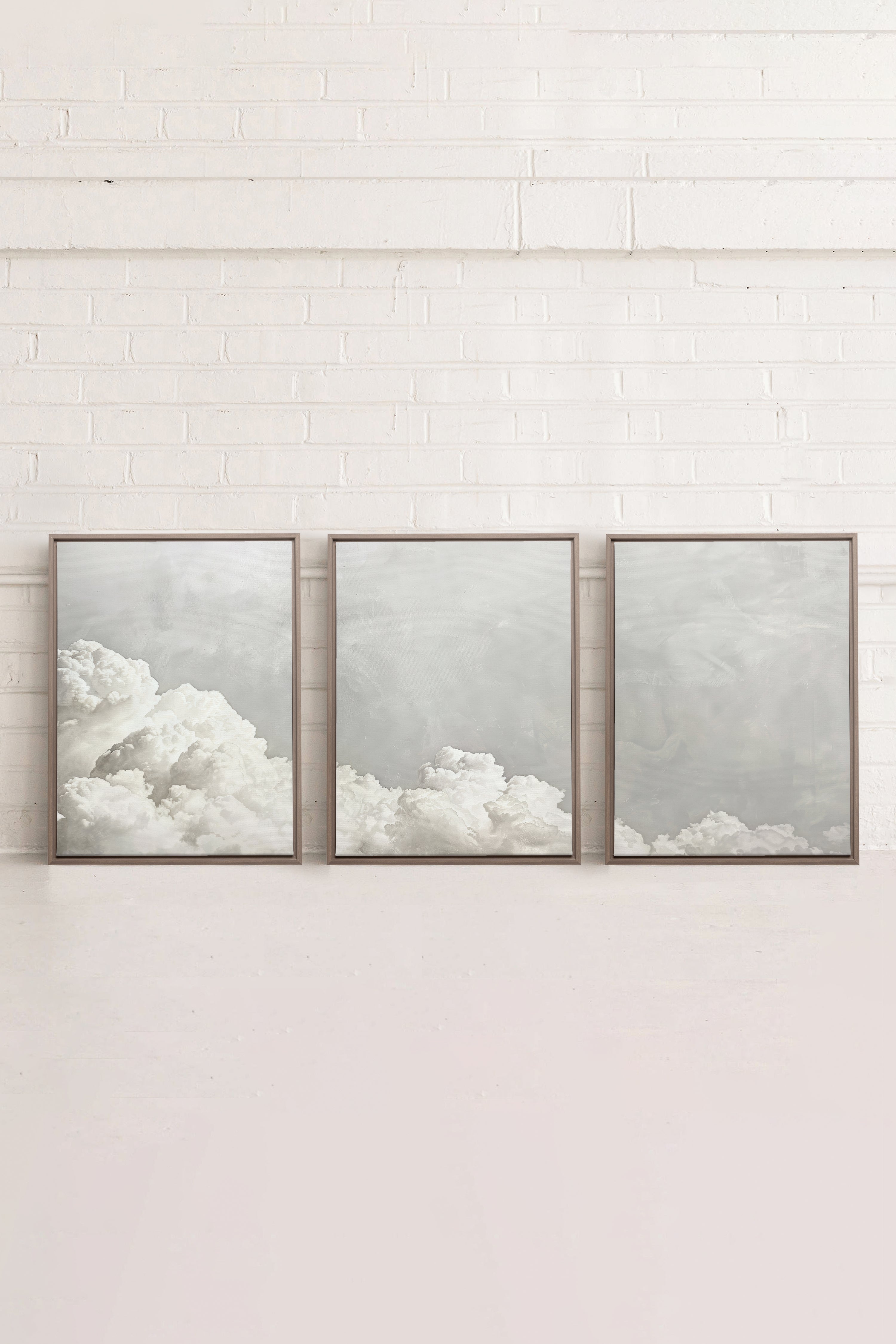 ANTIQUE CLOUDSCAPE TRIO, 3 Oeuvres sur toile étirée, encadré Brun Chêne