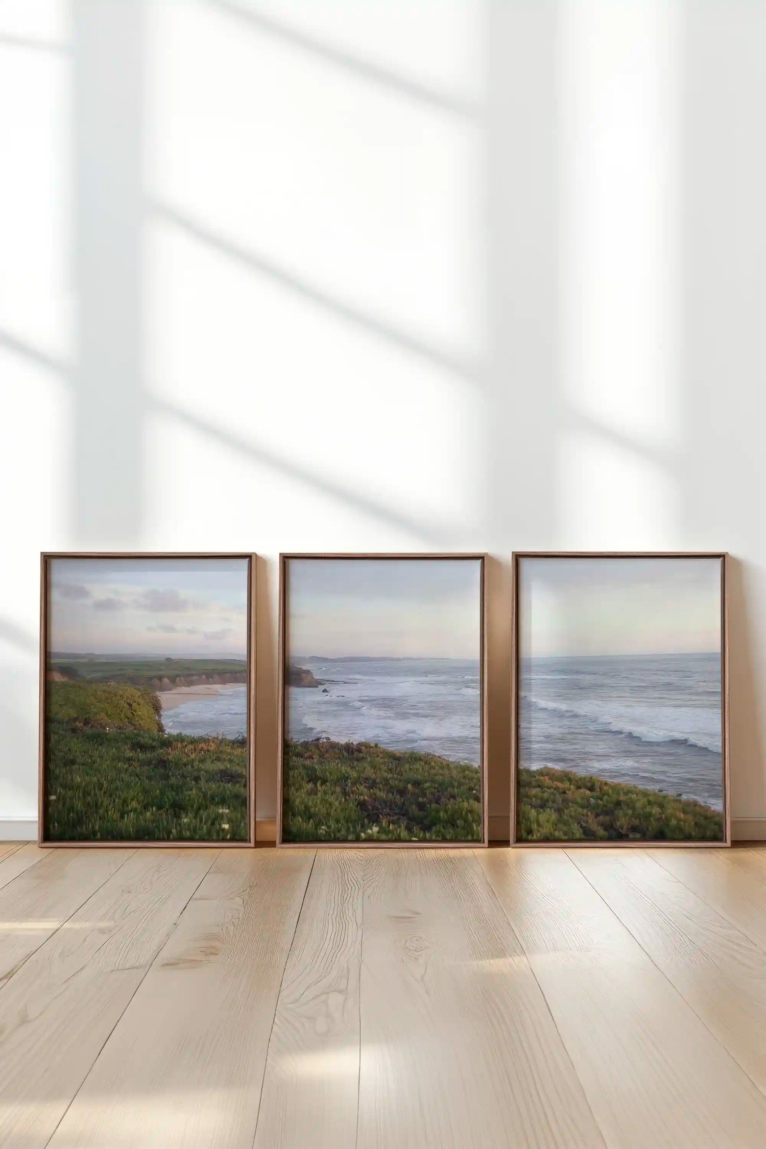 OCEANFOLD TRIO, 3 Works on stretched canvas, framed Oak Brown