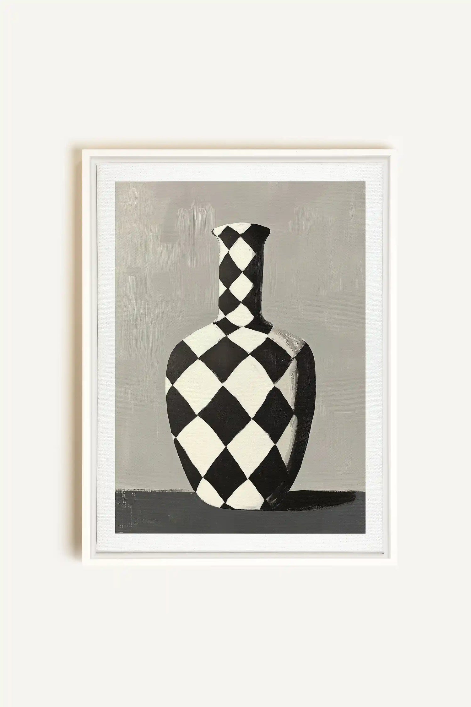 VASE EN DAMIER, Oeuvre sur toile étirée, encadré Blanc