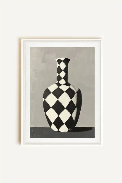 VASE EN DAMIER, Oeuvre sur toile étirée, encadré Blanc
