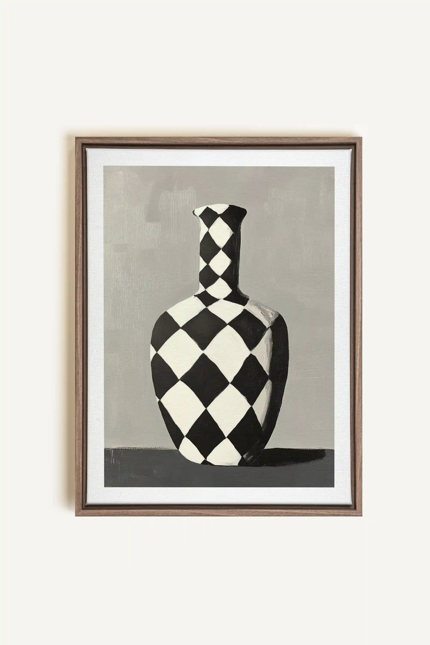 VASE EN DAMIER, Oeuvre sur toile étirée, encadré Brun Chêne
