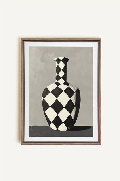VASE EN DAMIER, Oeuvre sur toile étirée, encadré Brun Chêne