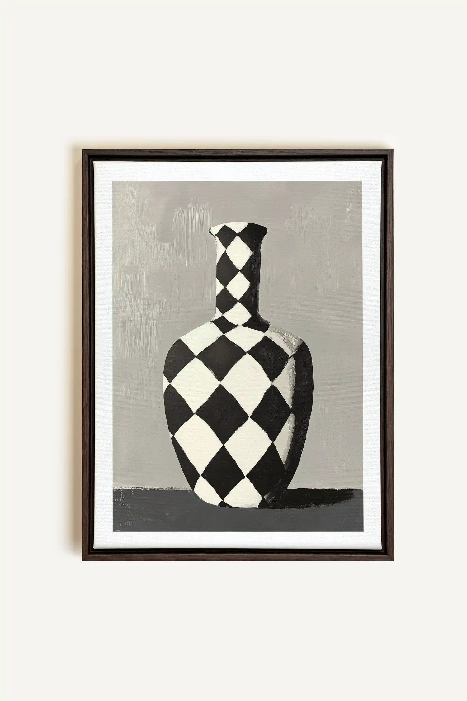 VASE EN DAMIER, Oeuvre sur toile étirée, encadré Brun Noyer