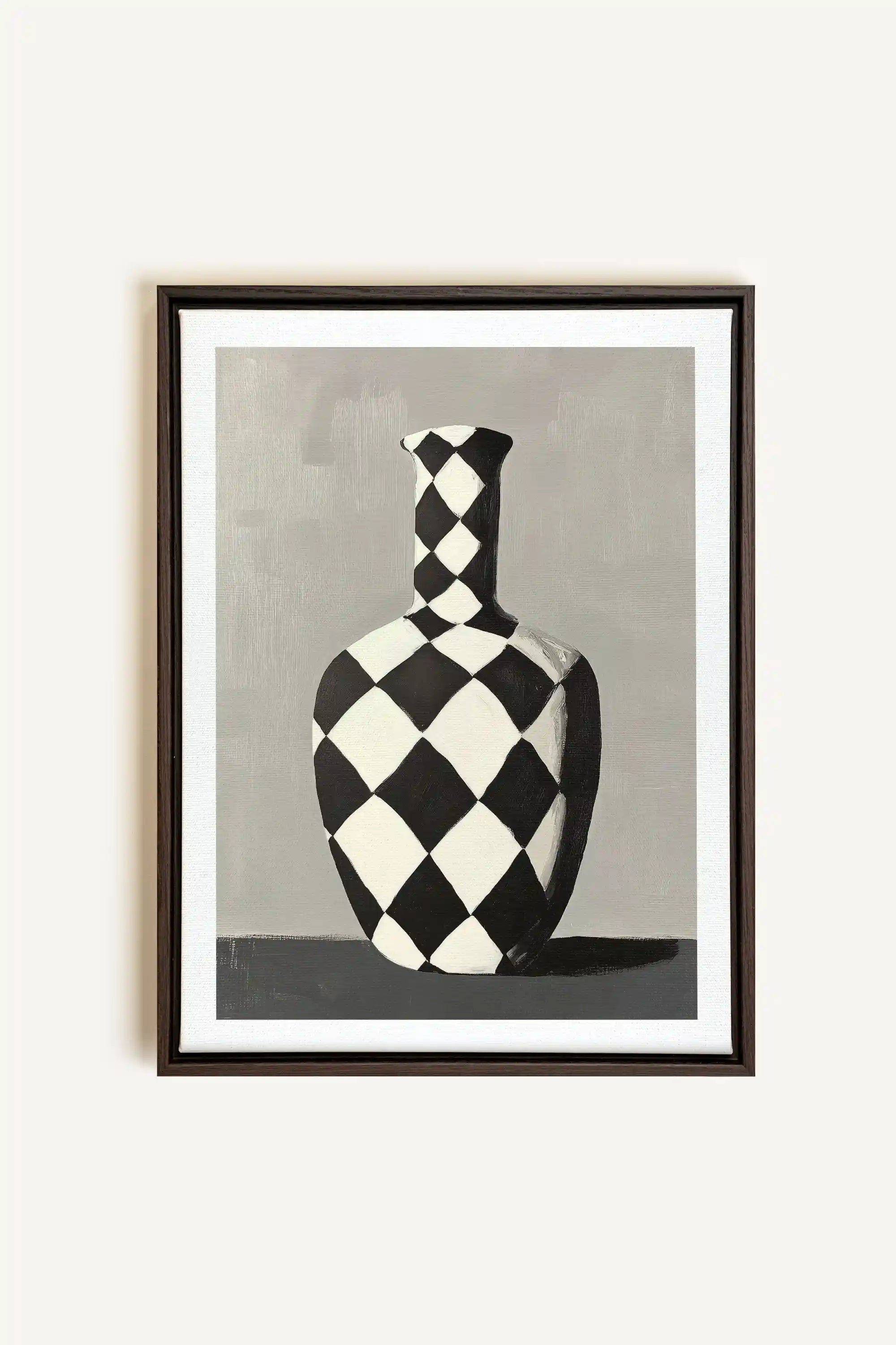 VASE EN DAMIER, Oeuvre sur toile étirée, encadré Brun Noyer