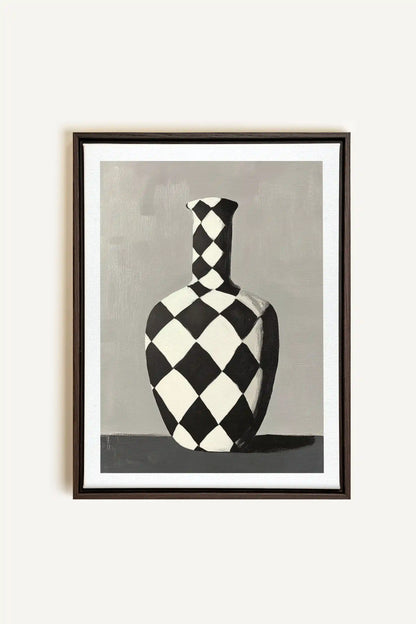 VASE EN DAMIER, Oeuvre sur toile étirée, encadré Brun Noyer