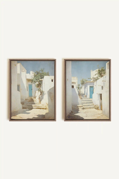 COMBINAISON VINTAGE GREEK VILLAS, 2 Works on stretched canvas, framed Oak Brown